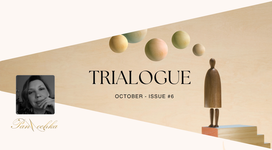Cover for Trialogue №6 — reflections on time, flow, and presence. Visual design by Tetiana Panina.